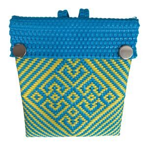 Mexican Handwoven Recycled Blue & Yellow Plastic Aztec Print Backpack, EUC